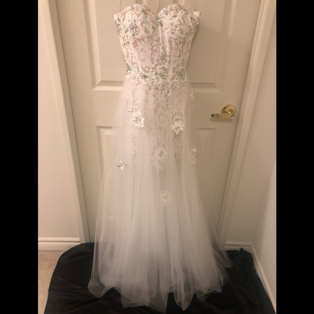 Gigi Designs White Rhinestone Accent Sheer Skirt Strapless Formal Gown